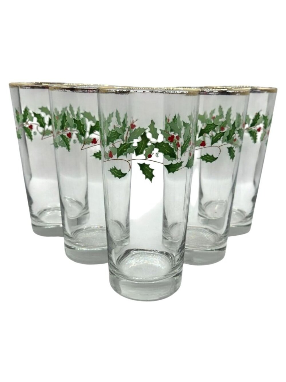 Vtg Lenox Highball Glasses Holly Berry Gold Rim Set-5 Christmas Holiday Barware